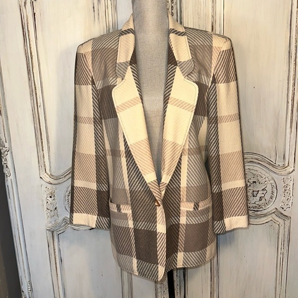 Joyce Jackets & Blazers - VINTAGE Joyce Sportswear Light Academia Large Neutral Plaid Blazer Jacket Size M